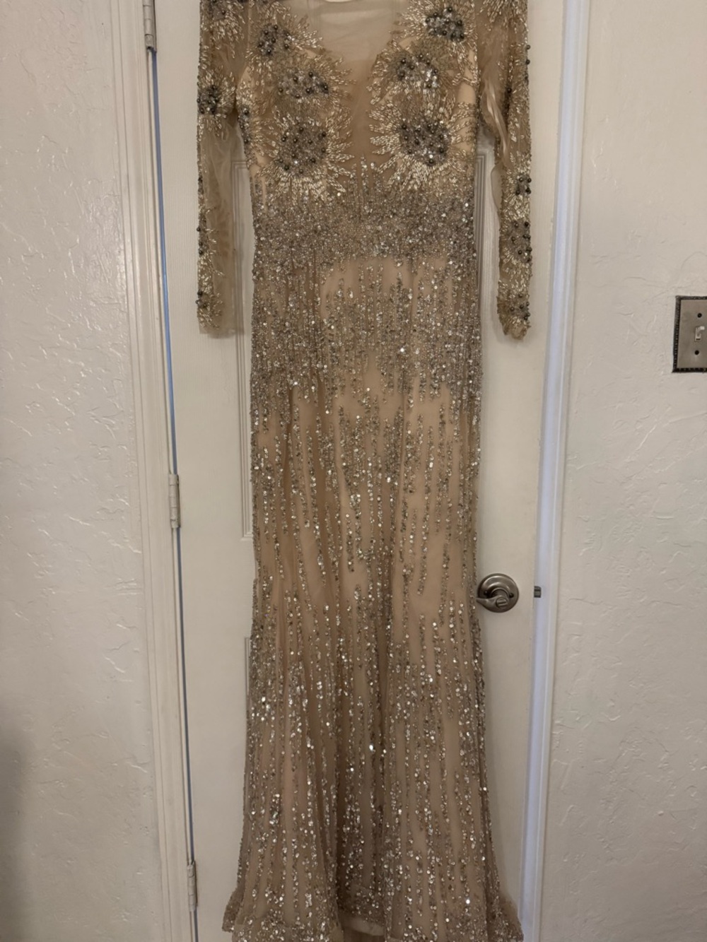 Beige Nude Sequin Long-Sleeve Evening Gown